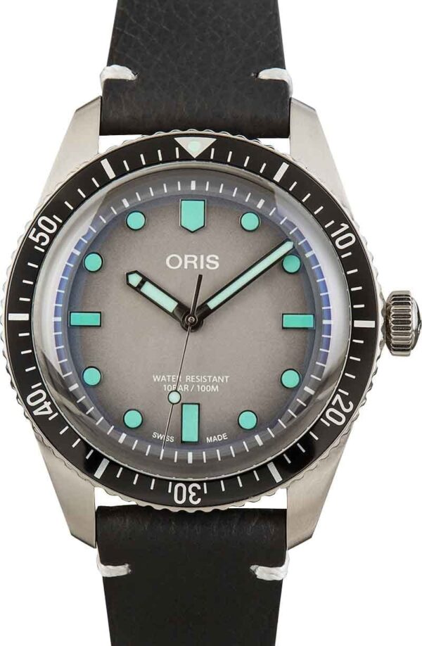 Oris Divers Sixty-Five Steel on Leather Strap Grey Dial